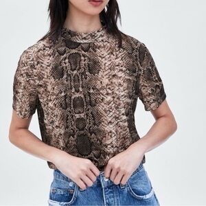 Zara Tan Snake Print Short Sleeve semi sheer stretchy Tee